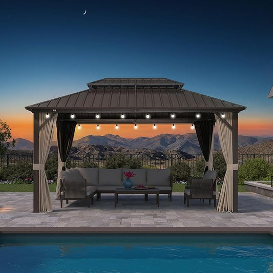 PURPLE LEAF 10’ X 14' Hardtop Gazebo Outdoor Metal Frame Galvanized Steel Double Roof with Curtains and Nettings for Patio Desk Backyard Bronze