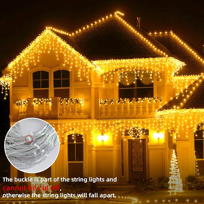 Christmas Outdoor Icicle Lights - 200 LED 21+16 FT 8 Modes Curtain Fairy String Light Plug in, Waterproof for Eaves Yard Holiday Xmas Holiday Indoor Outdoor Decoration - Warm White
