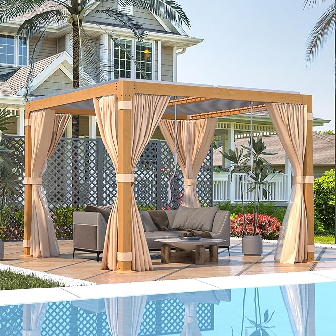 EROMMY Louvered Pergola 10' x 10' Outdoor Hard Top Gazebo with Wooden Grain Aluminum Frame and Adjustable Metal Rainproof Roof for Garden & Patio, Curtains and Netting Included, Wood Grain