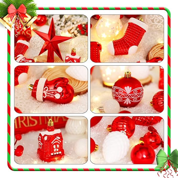 Christmas Tree Ornament Set - 132pcs Red and White Ball Decorations, Shatterproof Hanging Ornaments, Large and Small Assortment for Holiday Party Decor