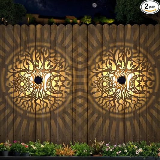 2 Pack Large Solar Fence Lights Metal Solar Powered Outdoor Wall Deck Step Lights Tree Theme Waterproof Fence Light for Garden Post Patio Backyard Yard Decor, Gardening Gifts for Women Mom Grandma