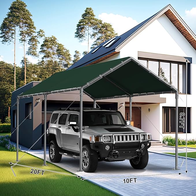 Outdoor Carport 10x20ft Heavy Duty Car Tent, Portable Garage Canopy Storage Shed, Car Shelter, All-Season Tarp Tent for Party (GN)