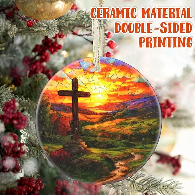 Cross Christmas Ornament, 3.5 Inch Ceramic Christian Ornament, Christmas Tree Ornaments, Christian Gifts, Religious Gifts, Thanksgiving Gifts, Perfect for Holiday Party, Tree, Window