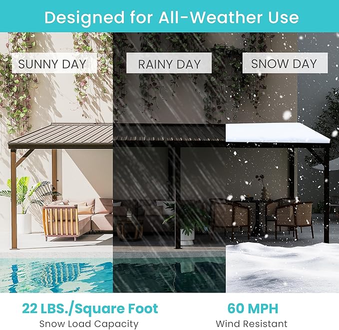 Domi 12' x 20' Lean to Gazebo, Wall Mounted Gazebos Pergola with Built in Drainage System, Galvanized Steel Roof, Hardtop Patio Shelter for Deck, Porch, Backyard and More,Brown