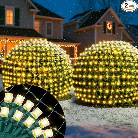 2 Pack 100 LED Christmas Net Lights Outdoor, Waterproof 4 x 6 Ft Outdoor Christmas Lights for Xmas Trees Decorations, Bushes,Shrubs, Connectable 5mm Net Lighting Warm White, Green Wire UL Listed