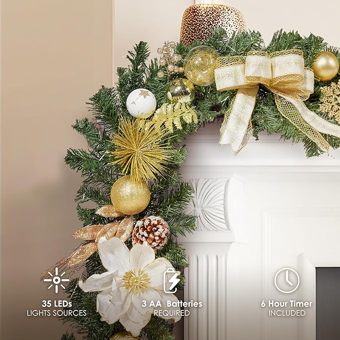 WBHome Pre-lit 6 Feet/72 Inch Christmas Garland, White & Gold Lighted Garland with 35 LED Lights for Indoor Outdoor Xmas Decor Holiday Decorations, Battery Operated (Batteries NOT Included)