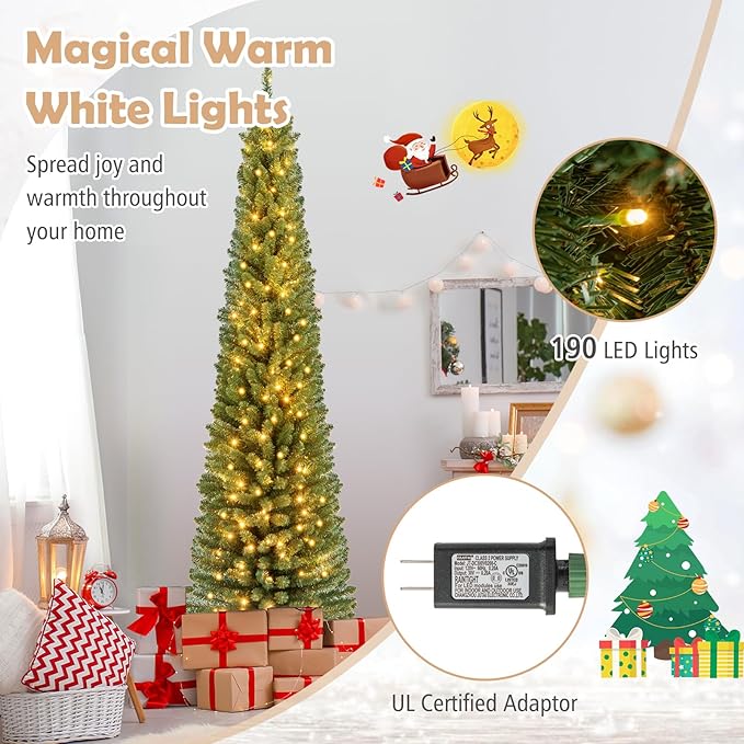 GOFLAME 7FT Prelit Pencil Christmas Tree, Slim Artificial Xmas Tree with 523 Memory Wire Branch Tips, 190 Warm White LED Lights & Upgraded Metal Stand, Seasonal Holiday Decoration Tree for Home Party