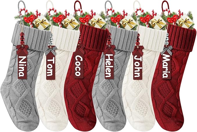 Christmas Stockings 18 Inches,Long Knitted Stocking with Name Tags, Christmas Decoration Hanging Stockings Fireplace Xmas Tree Ornaments for Home Family