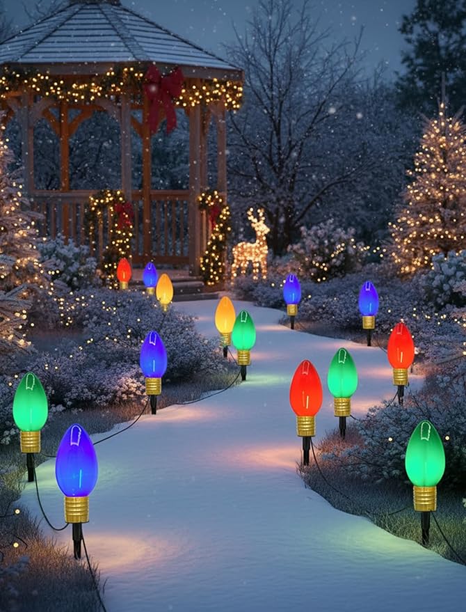 Christmas Lights Jumbo C9 Outdoor Lawn Decorations with Pathway Marker Stakes, 2 Pack 7 Feet String Lights with Multi Color Giant Lighted Bulbs for Holiday Outside Yard Garden Decor, 8 Lights