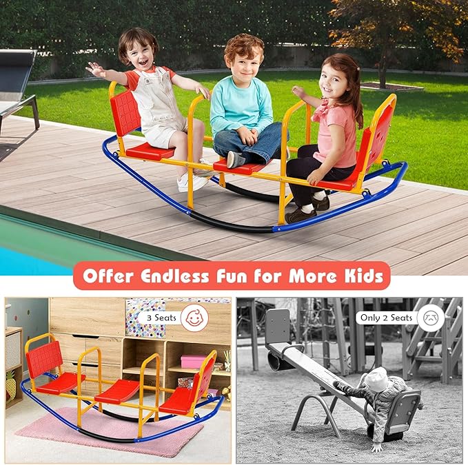 GLACER Teeter Totter Seesaw for Kids, 3-Person Metal Rocking Seesaw for Boys Girls Ages 3-8, 2 in 1 Indoor Outdoor Rocker Toy with Easy-Grip Handles, Playground Equipment for Backyard (Red)