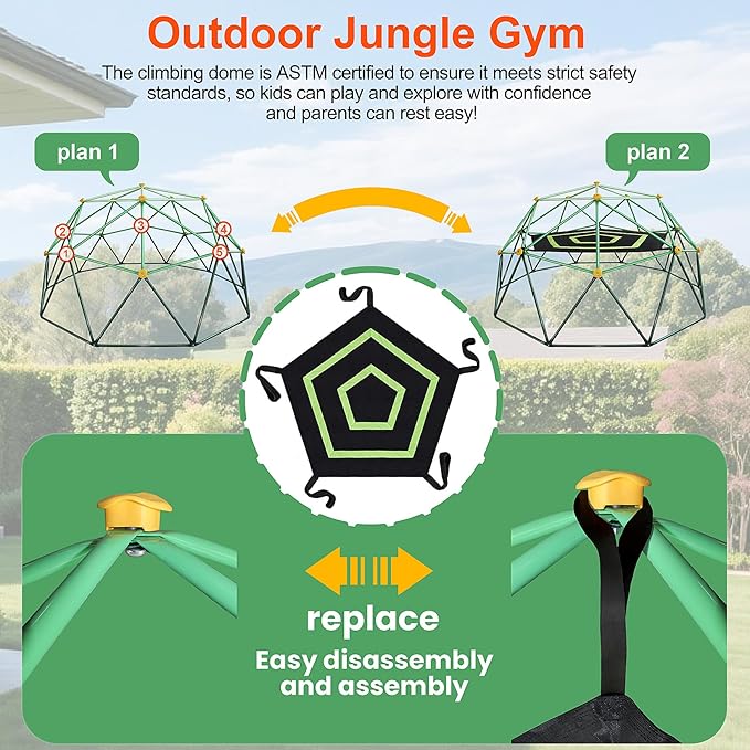 10FT Kids Climbing Dome Jungle Gym, with Hammock, All-Weather Heavy Duty Outdoor Playset for Ages 3-12, IPX9 Steel Frame, Backyard, Park, Indoor Use