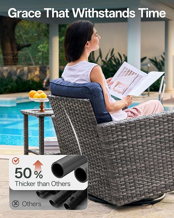 Luxury 5-Piece Patio Furniture Set with 6-Inch Thick Cushions, Outdoor Swivel Rocker Chairs and Table, Wicker Conversation Set for Porch, Deck, Balcony, Yard in Blue