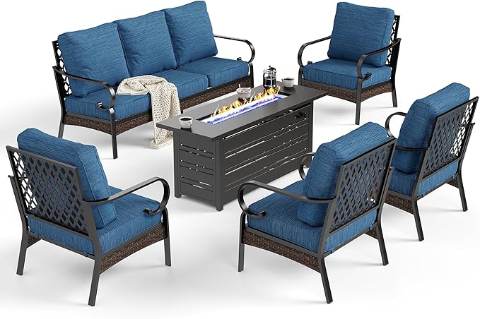 6 Piece Black Metal Outdoor Patio Furniture Sets with Firepit Table, Patio Conversation Sets 1 3-Seater Sofa, 4 Single Sofa with 5.75" Extra Cushion Backyard Furniture for Deck, Blue-2