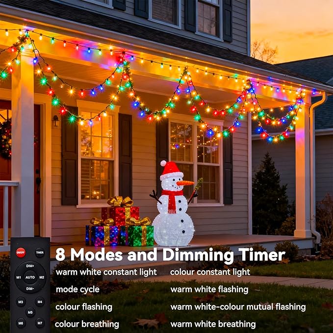 kolpop C9 LED Christmas Lights Outdoor, 50FT String Lights with Remote Control & Timer, 8 Modes Waterproof Large Bulb Strawberry String Lights for Tree House Roof Party Decor (Warm & Multicolor)