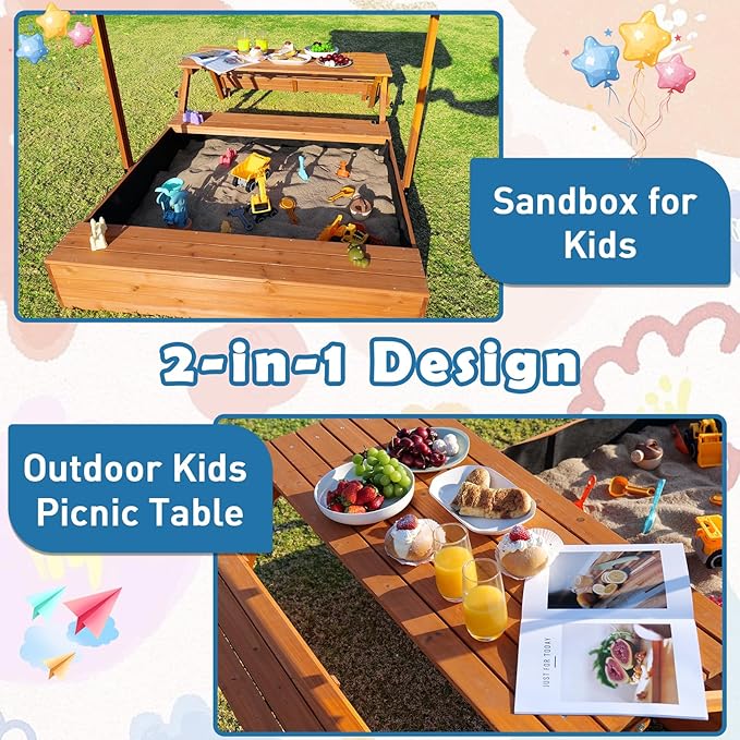 Wooden Kids Sandbox with Lid, Outdoor Sand Box with Picnic Table, Sandpit with Cover Canopy for Aged 3-8 Years Old, Adjustable Roof Bottom Liner