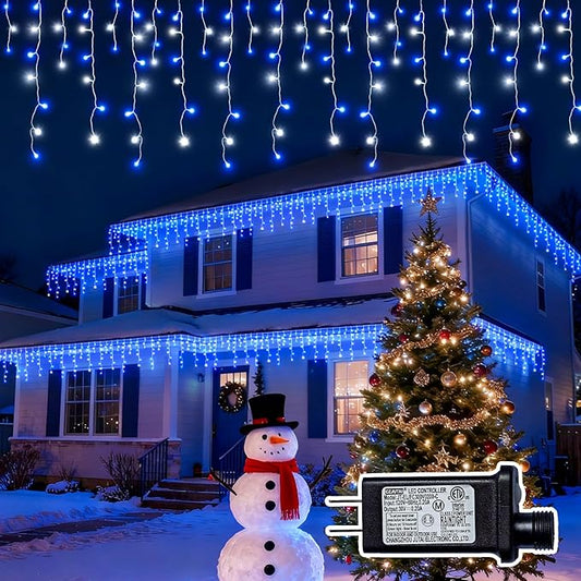 Christmas Outdoor Icicle Lights - 480 LED 66+33 FT 8 Modes Curtain Fairy String Light Plug in, Waterproof for Eaves Yard Holiday Xmas Holiday Indoor Outdoor Decoration - Blue White
