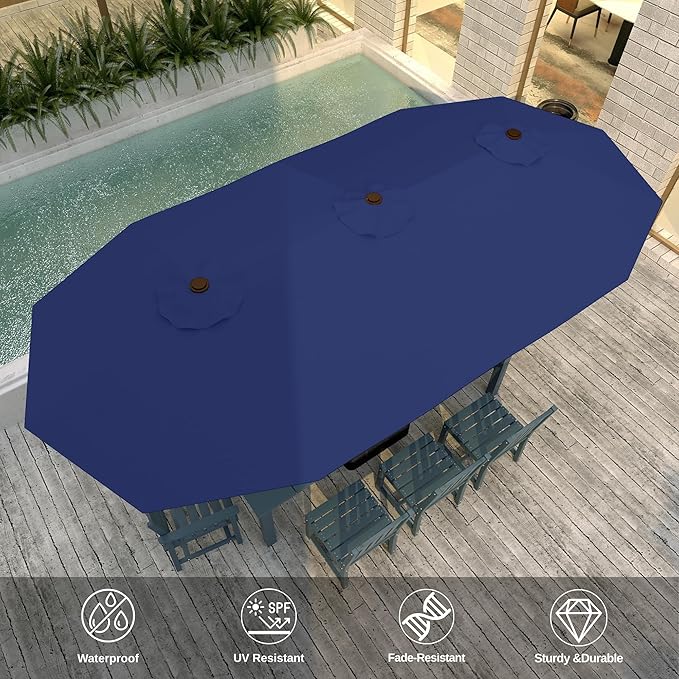 13FT Double-Sided Patio Umbrella with 48 Solar LED Lights, Large Rectangular Outdoor Market Umbrella with Crank Handle, Vented Canopy, Heavy-Duty 12 Rib Steel Frame, for Backyard, Garden, Pool, Navy
