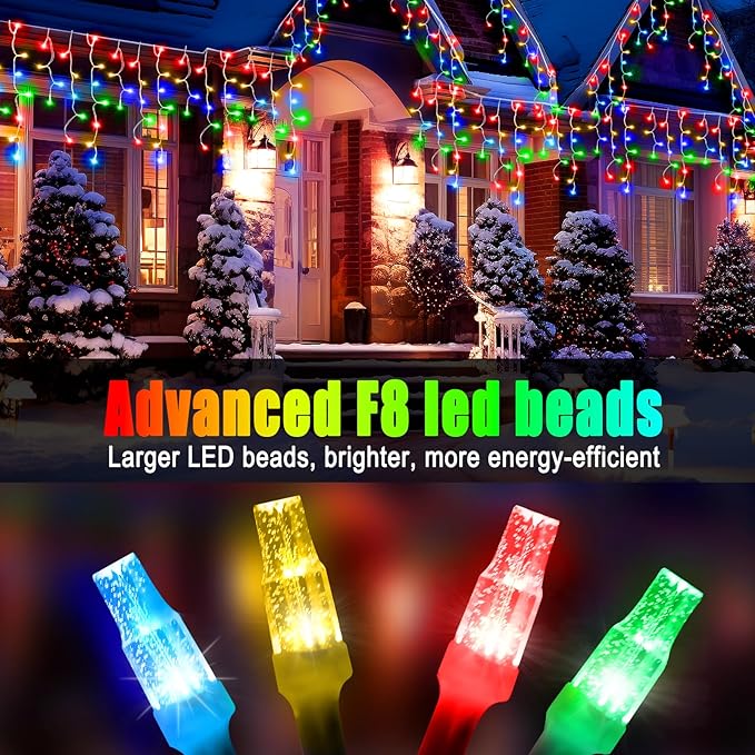 Christmas Lights Outdoor, 49FT 450 LED Ice Lights for Outside, Ice String Lights with 8 Modes, Waterproof Timer Memory Hanging Light for Eaves Party Yard Garden(Multicolor)