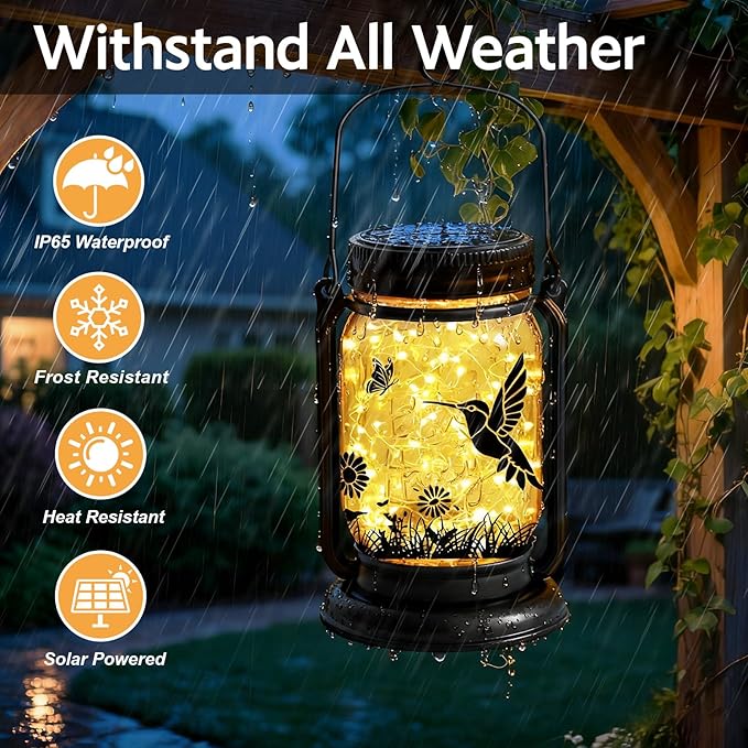 2 Pack Hummingbird Solar Lantern Outdoor Garden Decor, Christmas Birthday Gifts for Women Mom Grandma, Waterproof Hanging Vintage Glass Mason Jar Outside for Yard,Patio, Backyard,Porch,Tree, Pathway