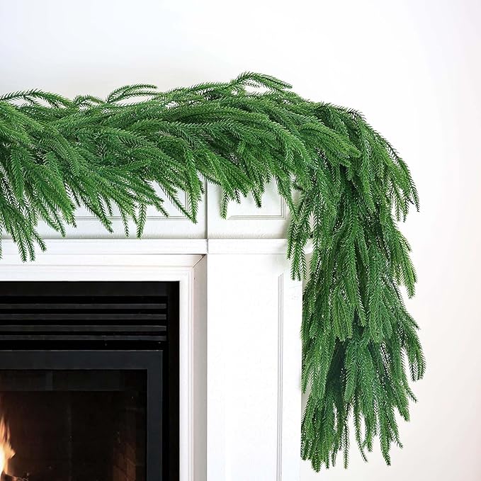 2Pcs 6FT Christmas Norfolk Pine Garland, Greenery Real Touch Decorations for Mantle Table Staircase Fireplace Mantel Porch Banister Holiday Home Winter Faux Xmas Garland Winter Indoor Outdoor Decor