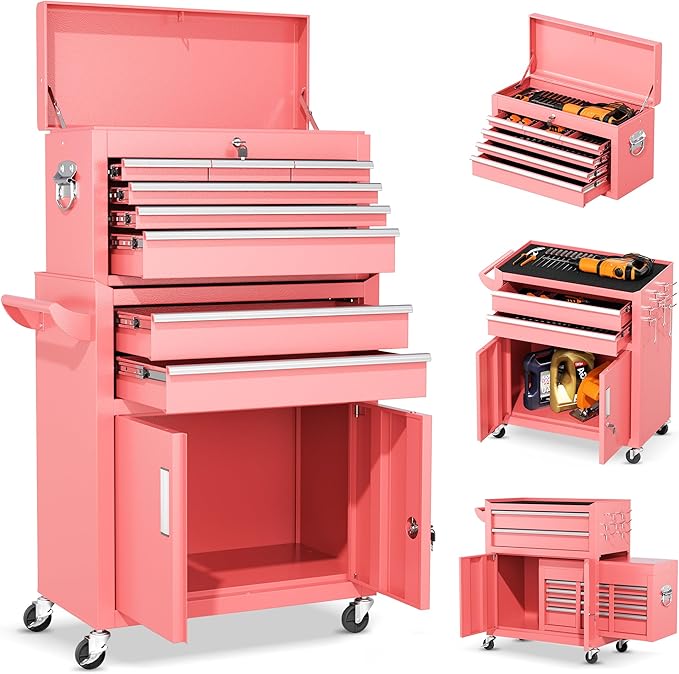 INTERGREAT Tool Chest, Tool Cabinet with 8 Drawers, Detachable Organized Tool Chests, Lockable Tool Cabinet for Workshop, Warehouse, Mechanics Garage (Pink)