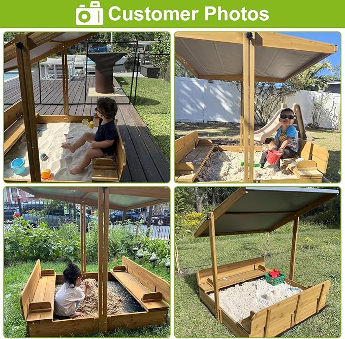 Wooden Sandbox with Lid, Kids Sandbox with Canopy Outdoor, Sandboxes with Covers Foldable Bench Seats for Backyard, UV-Resistant & Adjustable Height Roof, Gift for Ages 2-8 (47x47in)