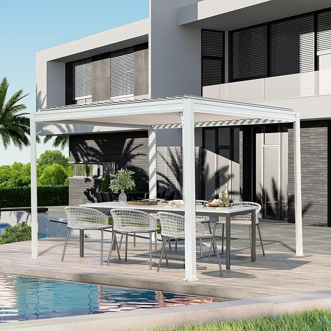 10x10FT Louvered Pergola, Outdoor Pergola Aluminum Frame with Adjustable Rainproof Roof, Permanent Sun Shade with Drainage System for Backyard, Garden and Lawn, White