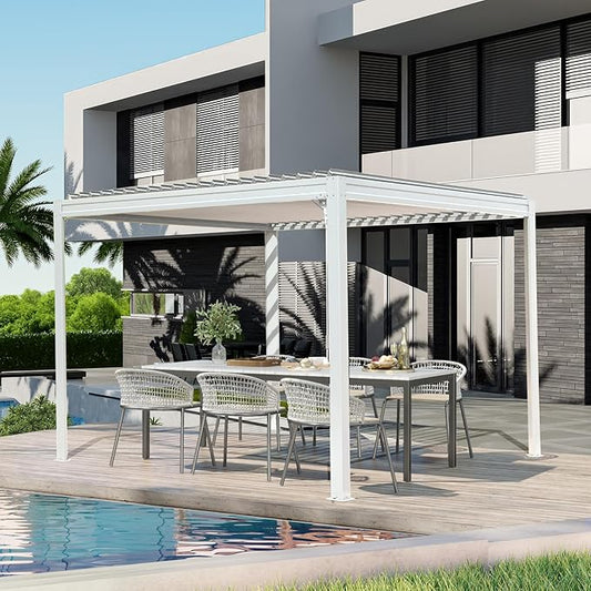 10x10FT Louvered Pergola, Outdoor Pergola Aluminum Frame with Adjustable Rainproof Roof, Permanent Sun Shade with Drainage System for Backyard, Garden and Lawn, White