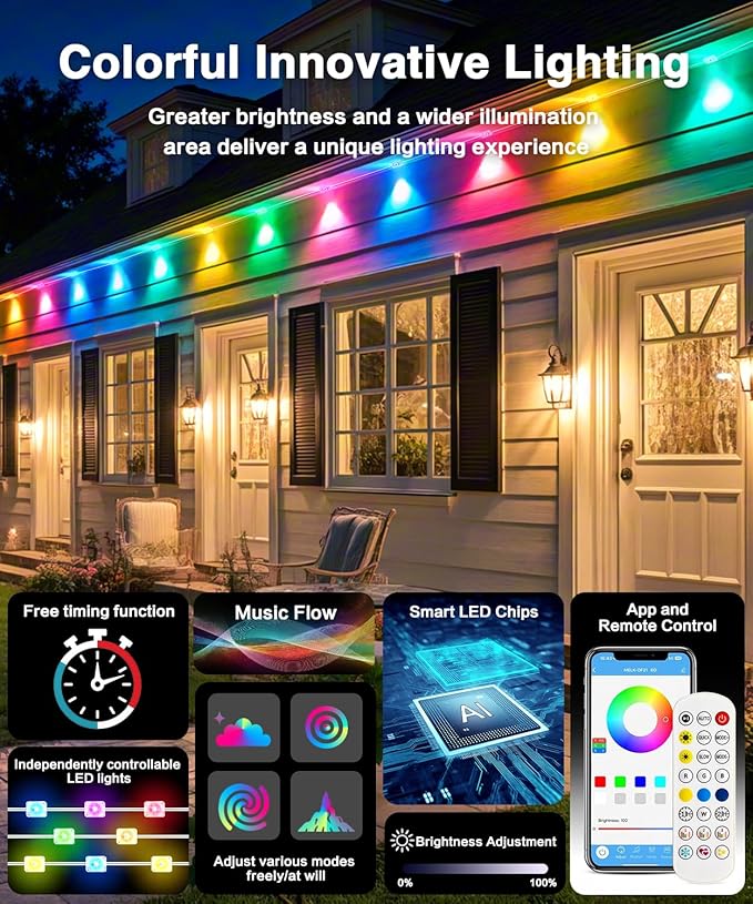 Permanent Outdoor Lights for House, 50ft 24 RGB+IC Smart Outdoor Decor, 50 Scene Modes, App/Remote Control, IP68 Waterproof