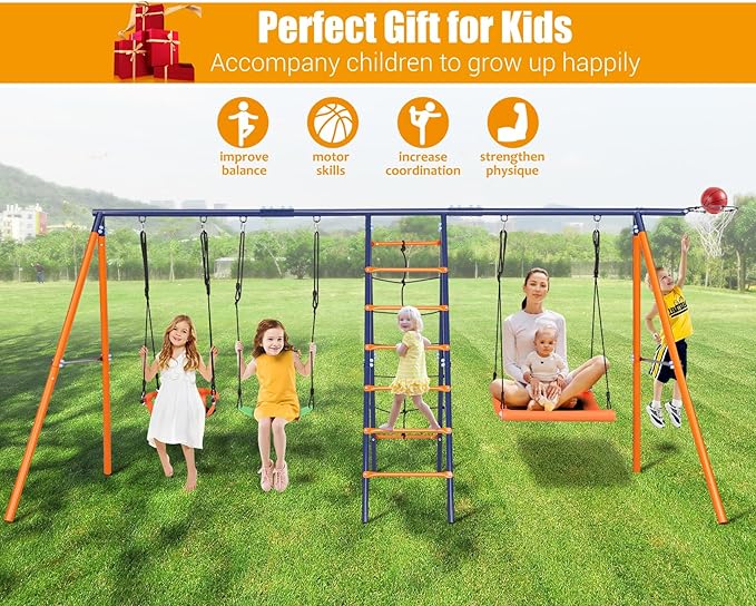Swing Sets for Backyard 700 lbs - 6 in 1 Multifunction Swing Set Outdoor for Kids Playground, Larger Heavy Duty Metal Swing Stand with 3 Adjustable Swings, Climbing Ladder and Net, Basketball Hoop