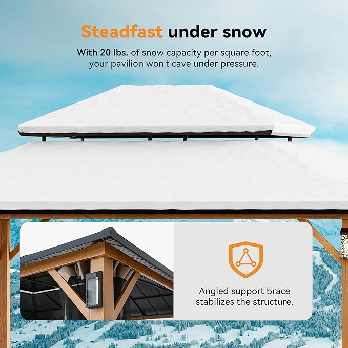 Modern Shade The Horizon Hardtop Gazebo 10' x 14' with 4 LED Lights, Permanent Outdoor Gazebo with Galvanized Steel Double Roof, Grill Pavilion with Decor Hooks, Mosquito Nettings, Wood-Looking