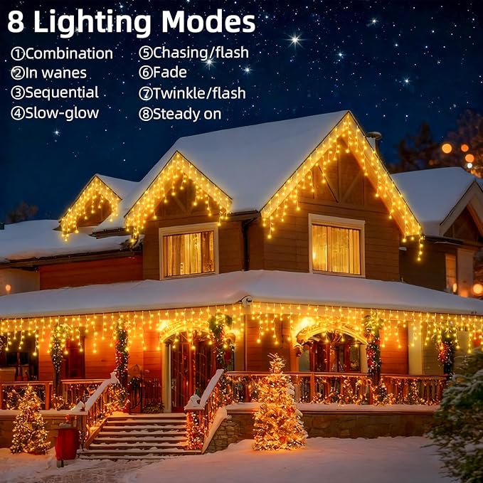 Christmas Outdoor Icicle Lights - 200 LED 21+16 FT 8 Modes Curtain Fairy String Light Plug in, Waterproof for Eaves Yard Holiday Xmas Holiday Indoor Outdoor Decoration - Warm White
