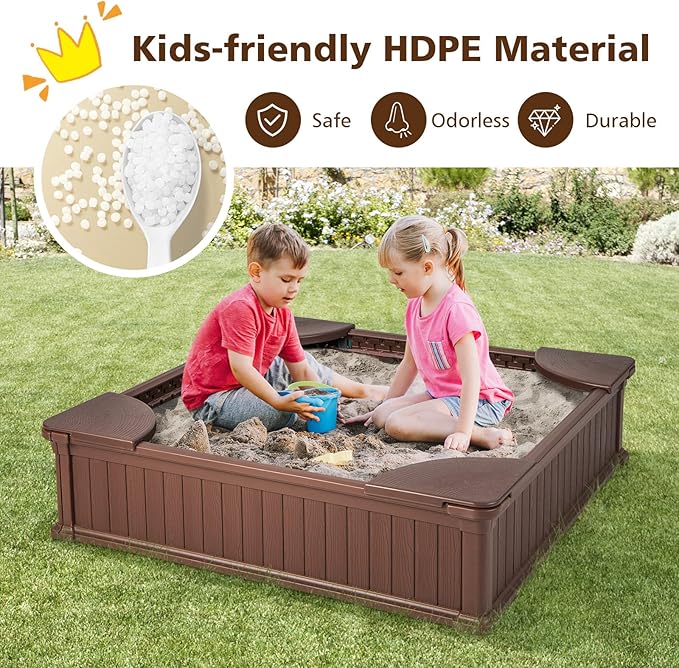 Costzon Kids Sandbox with Cover, 4ft x 4ft HDPE Sandpit with Oxford Cover, Bottom Liner, 4 Corner Seats, Weather Resistant Outdoor Sand Pit for Backyard Lawn Garden Beach (Dark Brown)