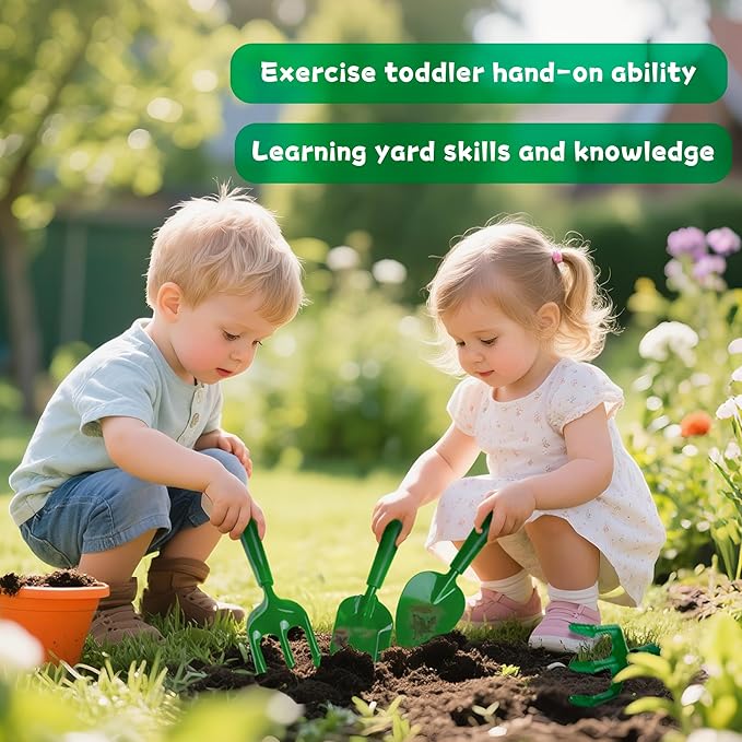 Duckura Kids Wheelbarrow Set - Gardening Tools for Kids with Shovel, Rake, Trowel, Outdoor Yard Lawn Digging Weed Toys, Christmas Birthday Gifts for Boys Girls Age 2 3+Years Old(Green B)