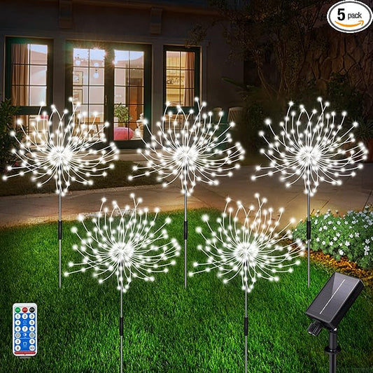 Solar Garden Lights, Firework Light Outdoor 5 Pack 120 LED Solar Waterproof Decorative Starburst Lights Landscape Lamp 18 Hours Working Time, Decor for Courtyard Garden Christmas Party(Cool White)