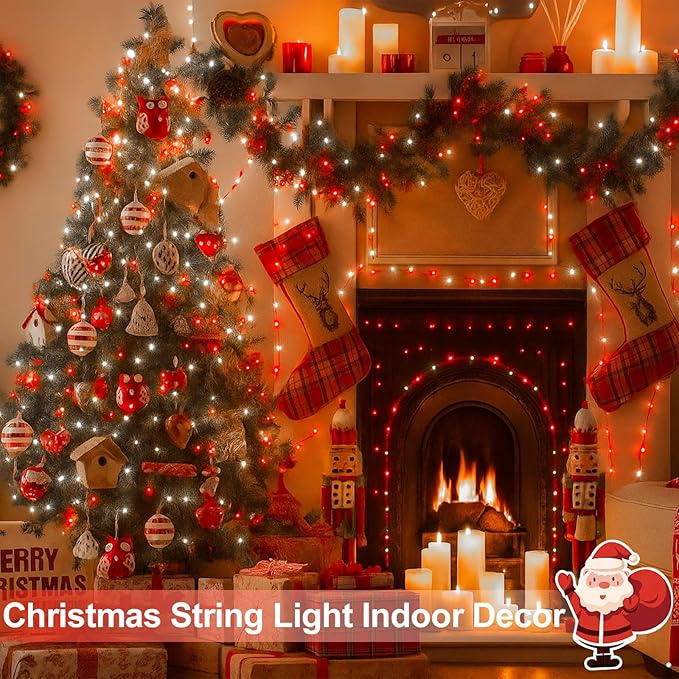 4 Pack 180FT Solar Christmas Lights Outdoor Waterproof, Super Bright 320 LED Solar String Lights with 8 Lighting Modes, Green Wire Solar Twinkle Tree Lights for Outside Xmas Party(Red and White)