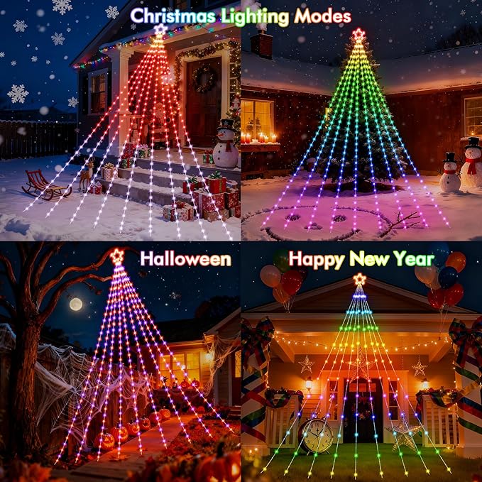 Outdoor Christmas Decorations, 16.4FT Smart RGB Color Changing Christmas Hanging Waterfall String Lights, APP Remote Control, DIY Multi-Color Lightshow, Music Sync, Outside Xmas Lights Decor