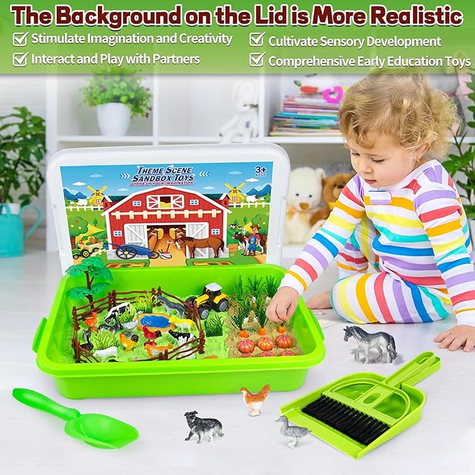 Bloolilies Sensory Bin, 59 Pcs Farm Sensory Sand Box Kits with Sandbox & Farm Animals & Tractor Playset, Play Sand Art Kit Magic Sand Toys for Boys Girls Toddlers Birthday Easter Valentines Gift