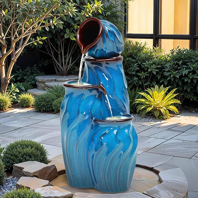 Autodaya 29" Ceramic Outdoor Fountain with Lights, 4-Tier Pots Waterfalls Patio Water Fountain, Tranquil Oasis for Relaxing Garden, Yard, or Porch Decor, Turquoise, Dynamic Wave-Texture