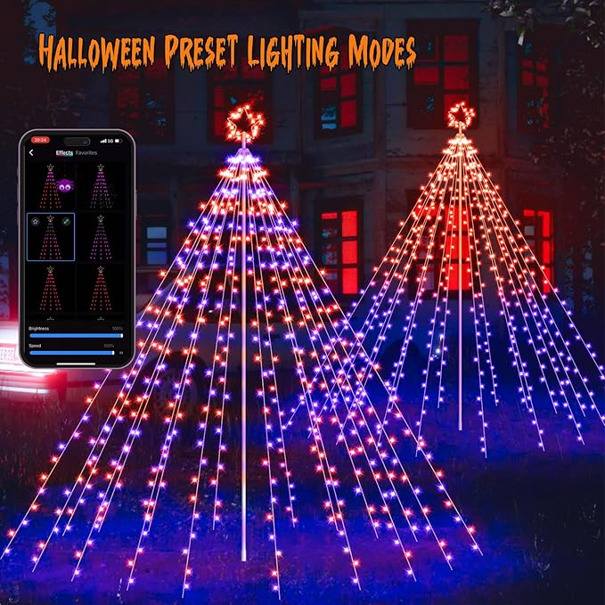 Outdoor Christmas Decorations, 12FT 488LED RGB Color Changing Waterfall Christmas Tree Lights with Iron Pole, APP Remote Control, DIY Multi-Color Lightshow, Music Sync, Xmas New Year Decor