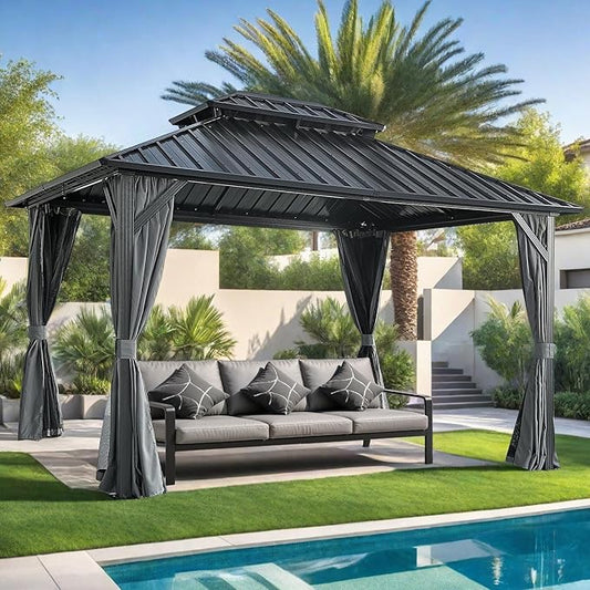 10x12FT Hardtop Gazebo with Double Roof, Aluminum Frame Outdoor Pavilion with Netting and Curtains for Patio, Backyard, Lawn (10 * 12FT)