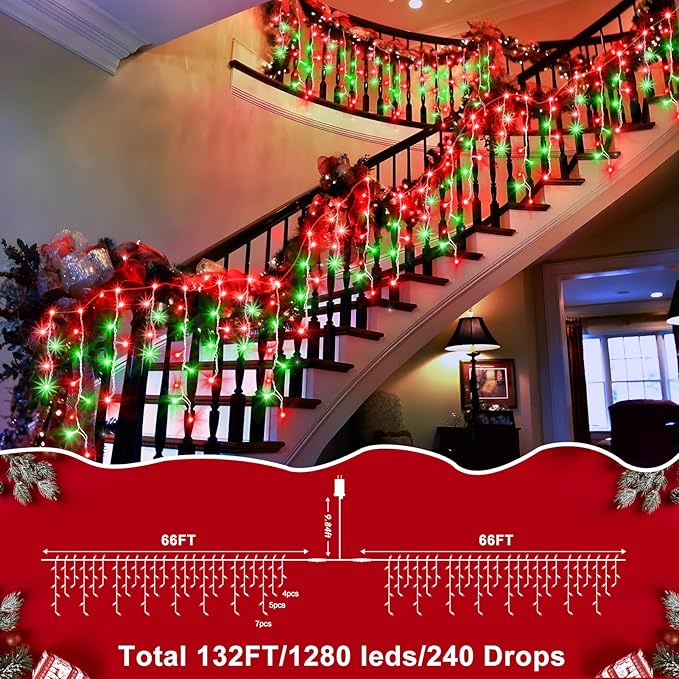 XURISEN 132ft Christmas Lights Decorations Outdoor, 1280 LED 8 Modes Fairy Lights with 240 Drops,Plug in Waterproof Timer Memory Function for Christmas Holiday Wedding Party Decorations(Red+Green)