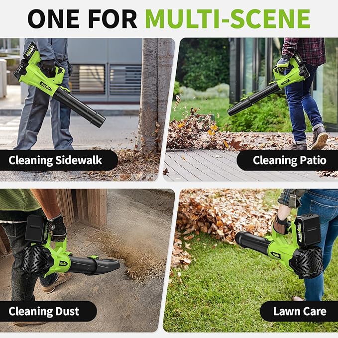 Cordless Leaf Blower 650CFM/180MPH, 21V Electric Leaf Blower with 3 Tubes & 2 x 4.0Ah Batteries, 6 Speed Modes, Battery Powered Leaf Blowers for Cleaning Patio, Yard, Garage, Lawn (Green)