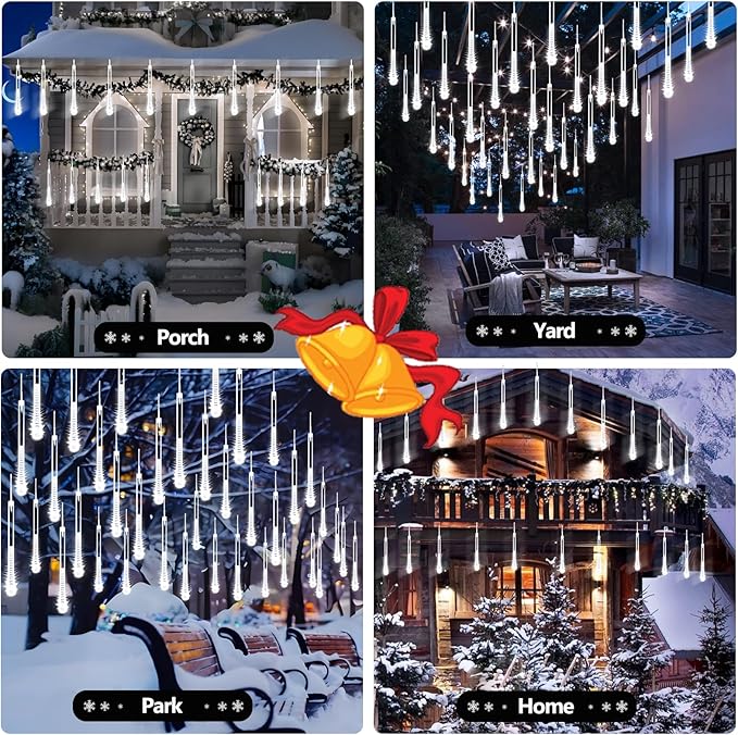2 Pack Christmas Decorations Lights Outdoor, Extendable Meteor Shower Lights with Timer, Total 384LED 30cm 16 Tubes Indoor Outdoor Snow Cascading String Light for Xmas Garden Party Decor (Cool White)