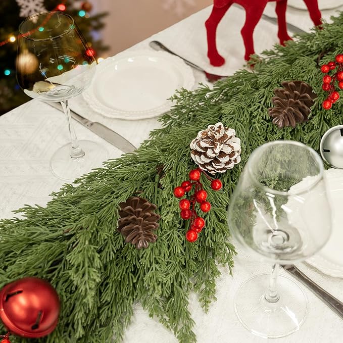 6FT Artificial Cedar Christmas Garland for Mantle Christmas Decorations Real Touch Realistic Greenery Faux Pine Garlands for Xmas Home Decoration Fake Winter Indoor Outdoor Garland Door Decor