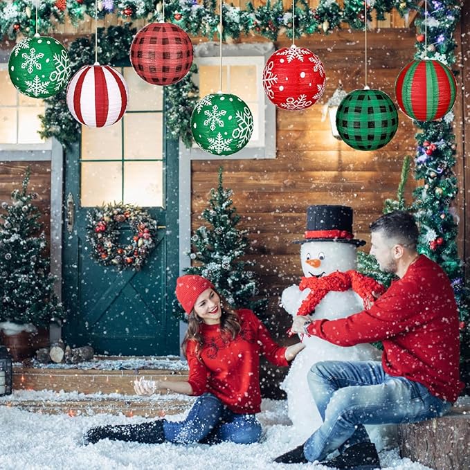 12 Pack Christmas Party Paper Lanterns 12 Inch Xmas Hanging Paper Lanterns, Snowflake Printed Round Lanterns for Xmas Home Party Wedding Holiday Decoration