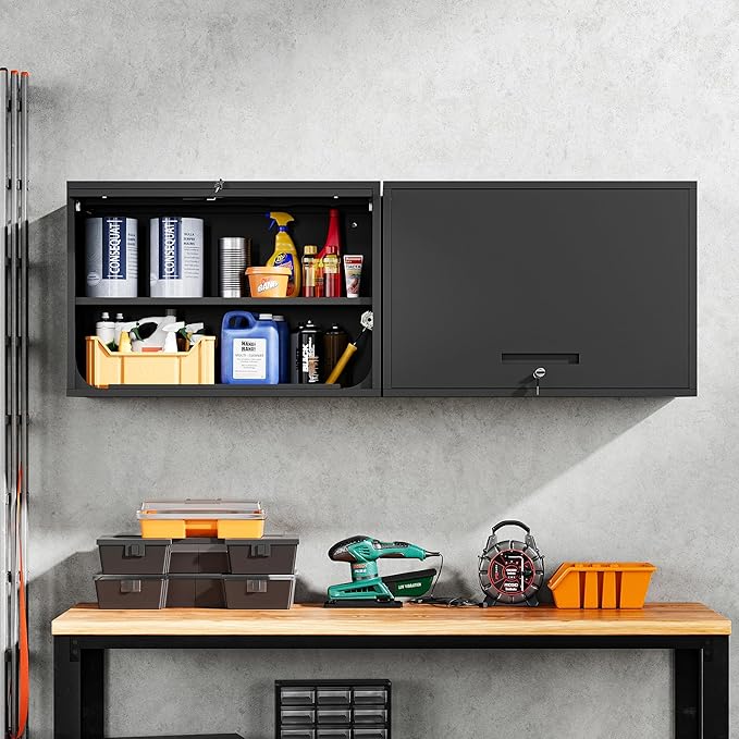 Yizosh Metal Garage Wall Cabinet with Doors and Shelves, Wall Mounted Metal Storage Cabinet, Floating Garage Tool Cabinet for Garage, Basement, Kitchen, Warehouse (Black, 21.6 H)