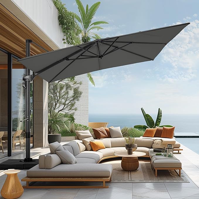 Sophia & William Cantilever Patio Umbrella 10ft, Large Square Outdoor Umbrellas with Crank Handle, 7-Level Tilt and 360° Rotation, Windproof Crashproof Design for Pool Garden Backyard with Base (Grey)