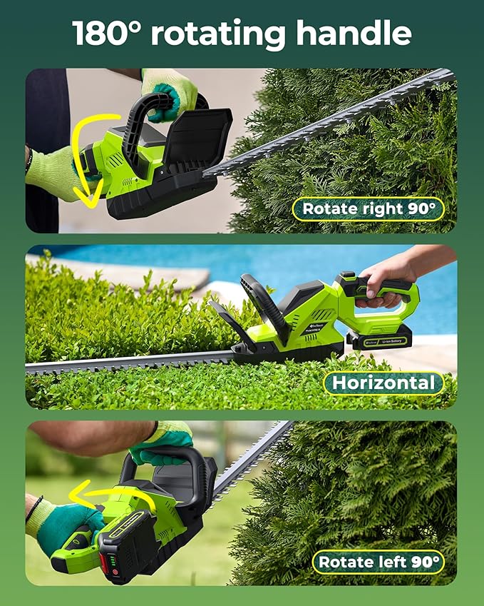 20'' Hedge Trimmer Cordless with Battery, 3000RPM Electric Handheld Bush Clipper with 2pcs 2000mAh Rechargeable Batteries, 180¡Æ Rotatable Head, 2/3'' Blade Gap Green