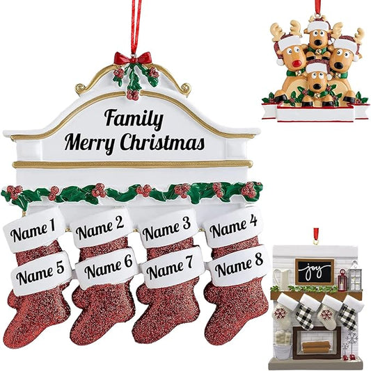 Personalized Christmas Ornaments 2023 Red Stocking Family of 2/3/4/5/6/7/8 Custom Christmas Ornament with Names Customized New Year Family Ornament for Christmas Tree Decor（Family of 8）